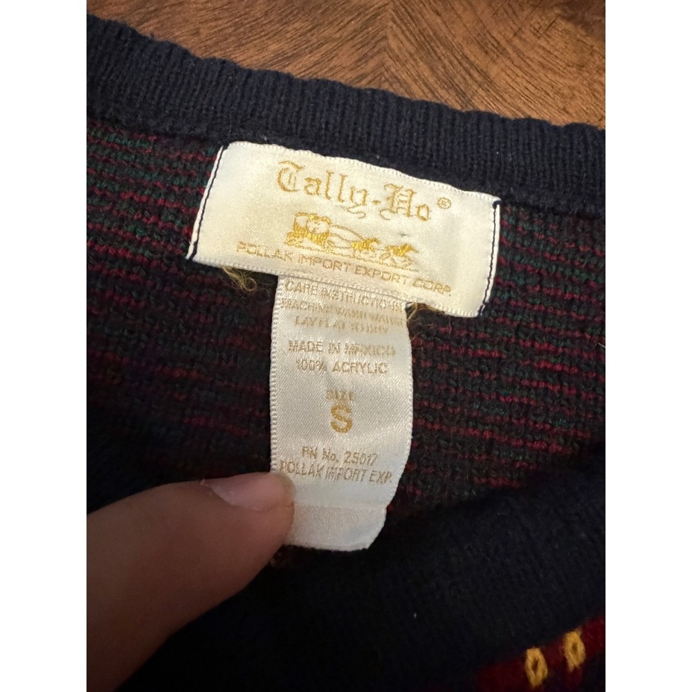 Tally-Ho Vintage Geometric Fair Isle Cardigan Sweater Burgundy Green Navy Small - Picture 4 of 6